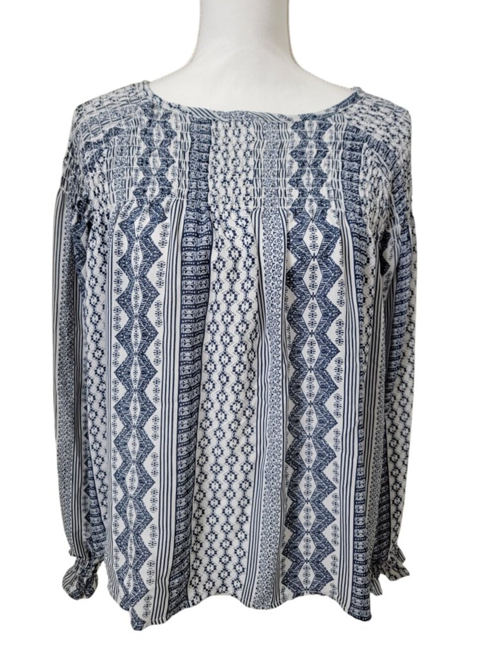 Jack by BB Dakota Size S Blue & White Geometric Long Sleeve Smocked Blouse